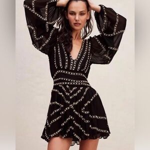 Free People odyssey mini   Elegant Black lg sleeves short Beaded gold and pearl